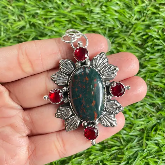 Bloodstone Pendant 925 Sterling Silver Pendant Bloodstone Gemstone Pendant Handmade Silver Gemstone Jewelry Bloodstone Pendant For Necklaces