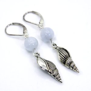 Shop Celestite Earrings! Celestite & Silver Conch Divine Energy with Sterling Silver Lever Back Earrings | Natural genuine Celestite earrings. Buy crystal jewelry, handmade handcrafted artisan jewelry for women.  Unique handmade gift ideas. #jewelry #beadedearrings #beadedjewelry #gift #shopping #handmadejewelry #fashion #style #product #earrings #affiliate #ad