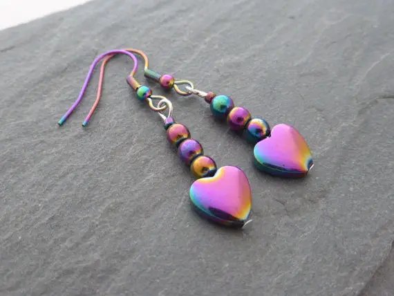 Cute Rainbow Hematite Heart Earrings On Rainbow Plated Stainless Steel Earwires, Handmade Jewellery, Jewelry,  Uk Seller