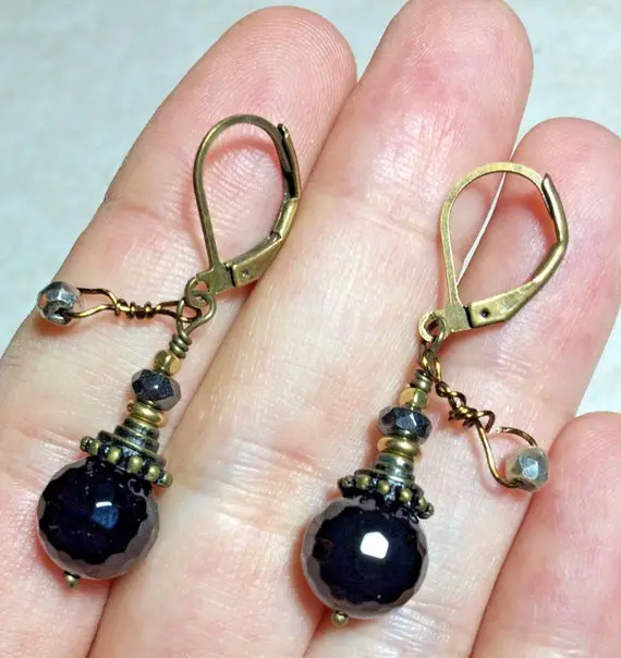 Faceted Black Onyx, Raw Brass & Bronze Earrings Or Leverbacks, Pyrite, Hematite, Titanium Or Sterling  Ear Wire Option Avail Sensitive Ears