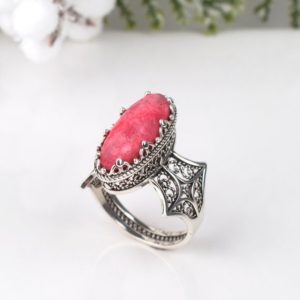 Shop Aragonite Rings! Genuine Pink Aragonite Silver Cocktail Ring, 925 Sterling Silver Filigree Oval Elongated Ornate Pink Aragonite Ring, Gift Boxed for Her | Natural genuine Aragonite rings, simple unique handcrafted gemstone rings. #rings #jewelry #shopping #gift #handmade #fashion #style #affiliate #ad