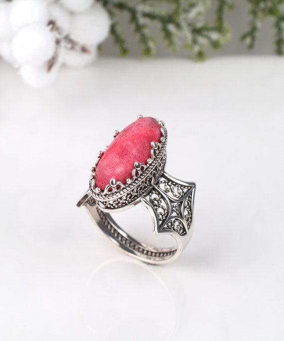 Genuine Pink Aragonite Silver Cocktail Ring, 925 Sterling Silver Filigree Oval Elongated Ornate Pink Aragonite Ring, Gift Boxed For Her