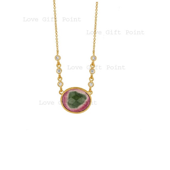 Genuine Watermelon Tourmaline Pendant Necklace Solid 14k Yellow Gold Diamond Necklace Handmade Fine Jewelry Gift For Her
