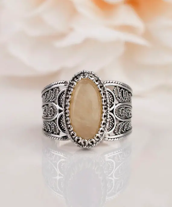 Genuine Yellow Aragonite Ring 925 Sterling Silver Genuine Gemstone Artisan Crafted Filigree Oval Ring Women Jewelry Gift Boxed Half Sizes