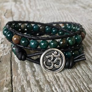 Shop Bloodstone Bracelets! handmade indian Bloodstone bracelet green beaded leather wrap with om heart root and sacral chakra unisex for men and women black | Natural genuine Bloodstone bracelets. Buy handcrafted artisan men's jewelry, gifts for men.  Unique handmade mens fashion accessories. #jewelry #beadedbracelets #beadedjewelry #shopping #gift #handmadejewelry #bracelets #affiliate #ad