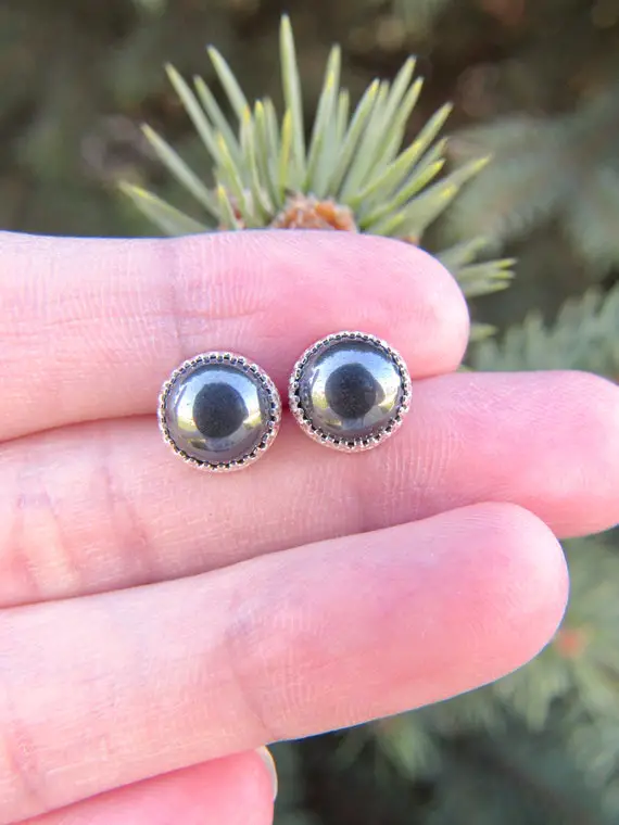 Hematite Stud Earrings In Sterling Silver - Hematite Studs - Hematite Earrings - Gunmetal Earrings - Gemstone Earrings - 8mm Studs