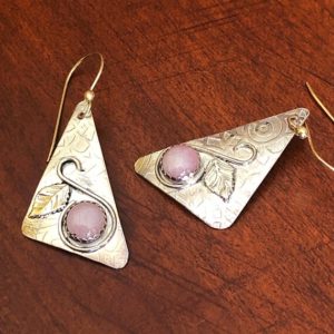 Shop Kunzite Earrings! Kunzite and Sterling Silver Dangle Earrings, Genuine Kunzite Stone, Handcrafted, Lovely Textured Triangular Background, Gift Boxed | Natural genuine Kunzite earrings. Buy crystal jewelry, handmade handcrafted artisan jewelry for women.  Unique handmade gift ideas. #jewelry #beadedearrings #beadedjewelry #gift #shopping #handmadejewelry #fashion #style #product #earrings #affiliate #ad