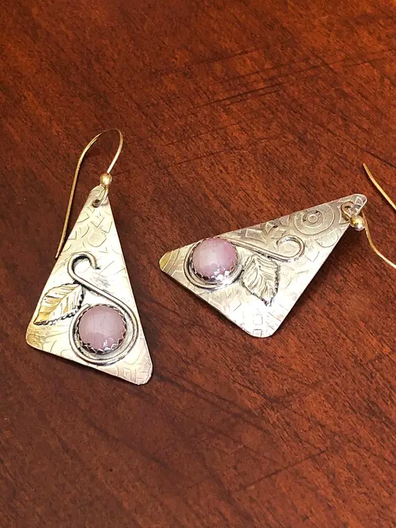 Kunzite And Sterling Silver Dangle Earrings, Genuine Kunzite Stone, Handcrafted, Lovely Textured Triangular Background, Gift Boxed