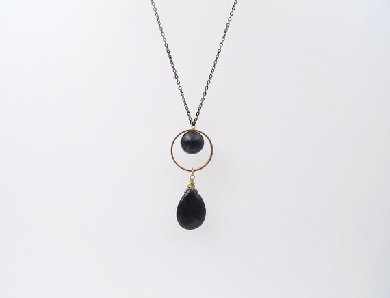 Long Onyx Necklace, Onyx And Raw Brass Necklace, Agate Necklace
