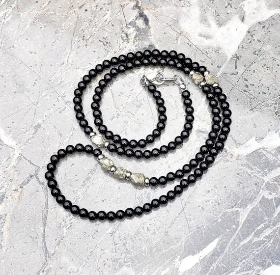 Men's "gold Nugget" Necklace| Men's Gold Pyrite Nuggets Black Onyx Gemstone Necklace| Men's Silver Stainless Steel Onyx Beaded Necklace