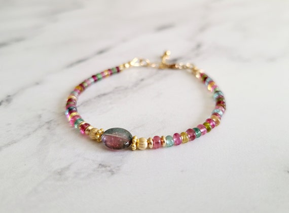 Mixed Watermelon Tourmaline Bracelet, Gold Filled Clasp, Sterling Silver, Dainty Jewelry, Stacking Bracelet, Candy Tourmaline