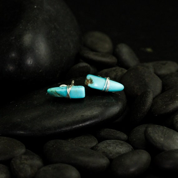Modern Turquoise Wrapped Stud Earrings, Wire Wrapped Turquoise Raw Nuggets, Something Blue