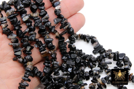 Natural Black Onyx Beads, Shiny Chips And Nugget Black Beads Bs #148, Sizes 5-8 Mm, 31 Inch Strands