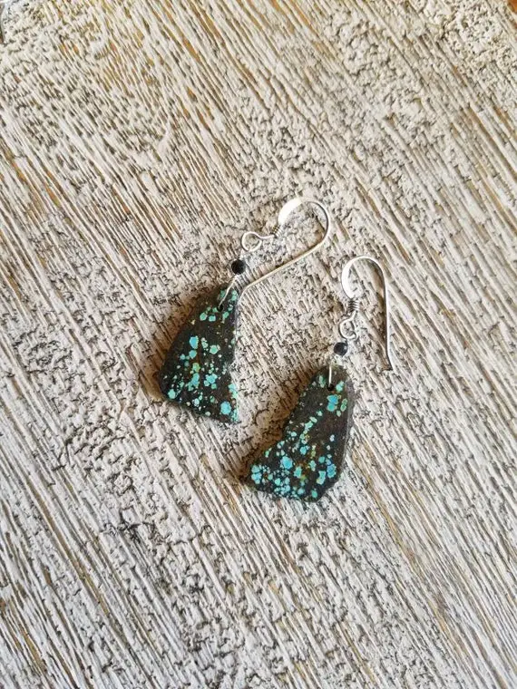Natural Black Turquoise Raw Nugget Earrings. Aqua Turquoise Matrix/ Sterling Silver/ Organic/ Casual/ Birthstone/ Boho/ Contrast