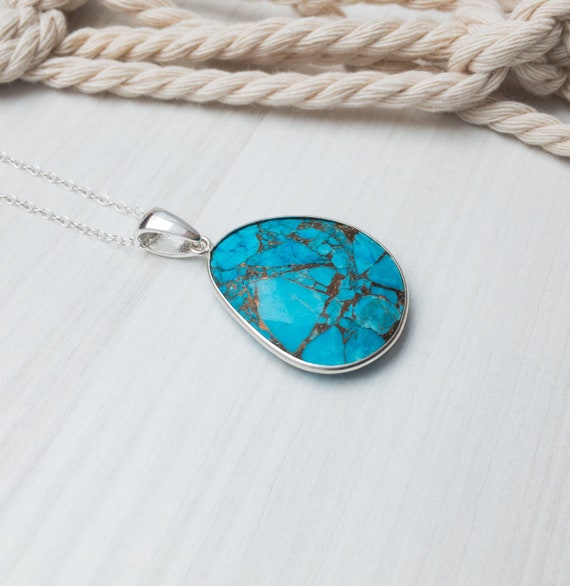 Turquoise Necklace Sterling Silver, Genuine Turquoise, Raw Stone Necklace With Thin Silver Chain, Trending Now
