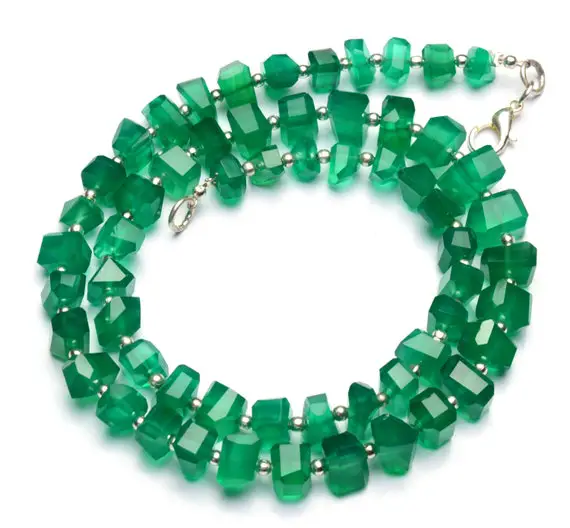 Natural Gem Green Onyx Faceted Nugget Shape Beads, 17 Inch Full Strand, 6 To 8mm Size Beads, Green Beaded Necklace