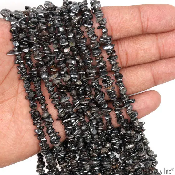 Hematite Chip Beads, 34 Inch, Natural Chip Strands, Drilled Strung Nugget Beads, 3-7mm, Polished, Gemmartusa (chht-70001)