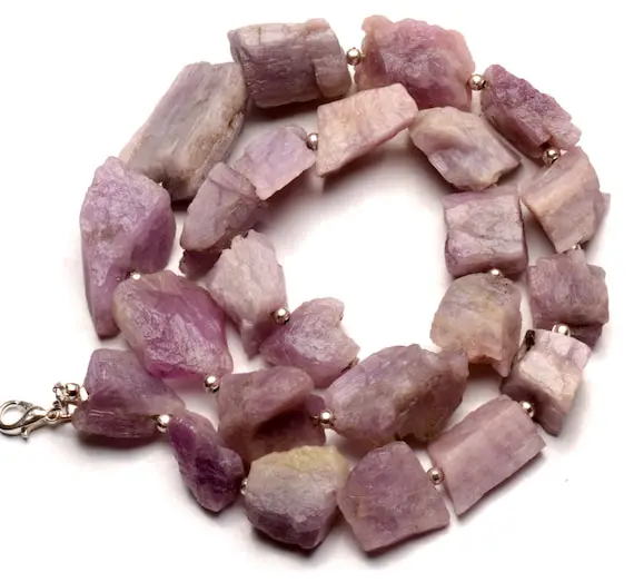 Natural Kunzite Gem Necklace From Afghanistan, Rough Unpolished Nuggets, 18.5 Inch Full Strand, 18 To 25 Mm Size Beads