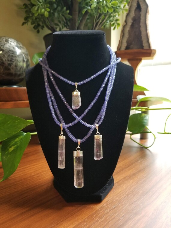 Natural Tanzanite Adjustable Beaded Necklace With Kunzite Pendant In Sterling Silver