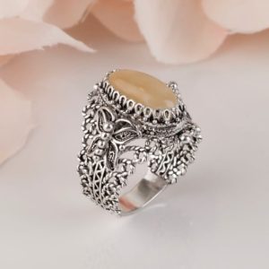 Shop Aragonite Rings! Natural Yellow Aragonite Butterfly Ring 925 Sterling Silver Genuine Gemstone Artisan Crafted Filigree Women Jewelry Gifts Boxed for Her | Natural genuine Aragonite rings, simple unique handcrafted gemstone rings. #rings #jewelry #shopping #gift #handmade #fashion #style #affiliate #ad