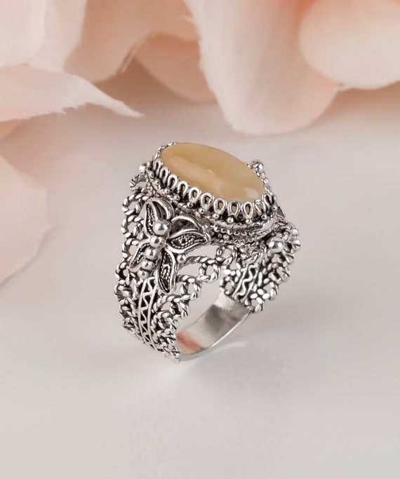 Natural Yellow Aragonite Butterfly Ring 925 Sterling Silver Genuine Gemstone Artisan Crafted Filigree Women Jewelry Gifts Boxed For Her