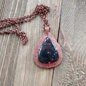 Shop Bloodstone Pendants! Pendulum Shaped Copper Metal Clay and Bloodstone Pendant | Natural genuine Bloodstone pendants. Buy crystal jewelry, handmade handcrafted artisan jewelry for women.  Unique handmade gift ideas. #jewelry #beadedpendants #beadedjewelry #gift #shopping #handmadejewelry #fashion #style #product #pendants #affiliate #ad