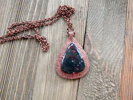 Pendulum Shaped Copper Metal Clay And Bloodstone Pendant