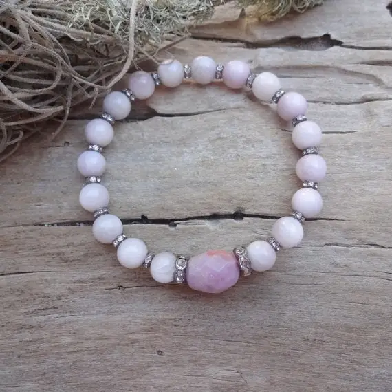 Pink Kunzite Bracelet With Rhinestones / Meditation Gift Under 35 Dollars