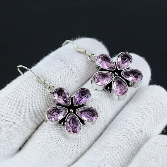 Pink Kunzite Earring, 925 Sterling Silver Earring, Pink Kunzite Flower Shape Earring, Handmade Gemstone Earring Jewelry For Women For Gift