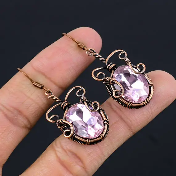 Pink Kunzite Earrings Copper Wire Wrapped Earrings Pink Kunzite Gemstone Earrings Copper Jewelry Handmade Dangle Earrings Kunzite Jewelry