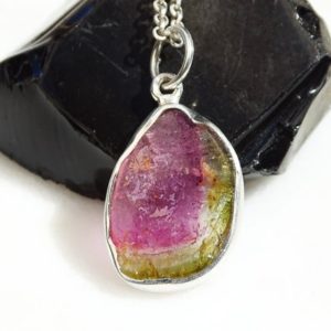 Shop Watermelon Tourmaline Pendants! pink tourmaline slice pendant silver, bi-color tourmaline crystal necklace for women, watermelon tourmaline pendant, birthstone gift for her | Natural genuine Watermelon Tourmaline pendants. Buy crystal jewelry, handmade handcrafted artisan jewelry for women.  Unique handmade gift ideas. #jewelry #beadedpendants #beadedjewelry #gift #shopping #handmadejewelry #fashion #style #product #pendants #affiliate #ad