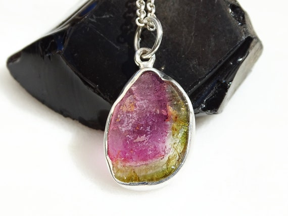 Pink Tourmaline Slice Pendant Silver, Bi-color Tourmaline Crystal Necklace For Women, Watermelon Tourmaline Pendant, Birthstone Gift For Her
