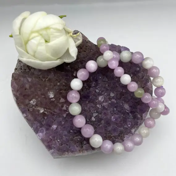 Pretty Purple And Green Kunzite Bracelet 7.5mm Or 6mm For Love, Peace And Emotional Healing