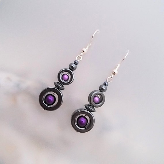 Purple Hematite Earrings - Purple Jewellery - Hematite Donut Earrings - Illusion Bead - Made In Cornwall - Cornish Jewellery
