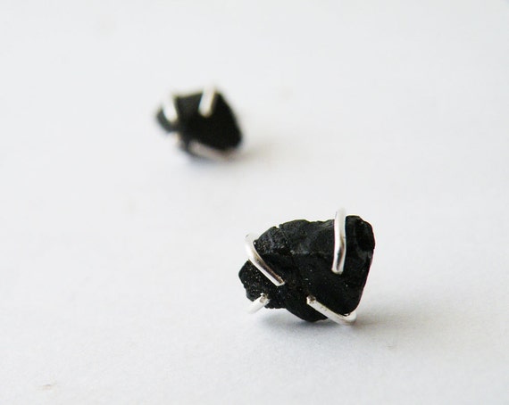Raw Black Onyx  Stud Earrings Onyx Nuggets Posts Sterling Silver Studs Black Jet Glam Rock  Jewelry By Steamylab