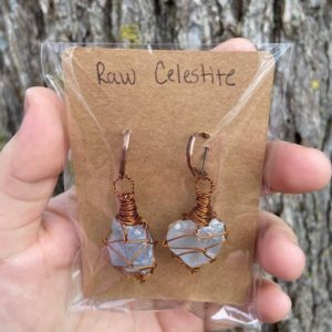 Raw blue celestite earrings | Natural genuine Celestite earrings. Buy crystal jewelry, handmade handcrafted artisan jewelry for women.  Unique handmade gift ideas. #jewelry #beadedearrings #beadedjewelry #gift #shopping #handmadejewelry #fashion #style #product #earrings #affiliate #ad