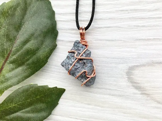 Raw Hematite Necklace, Copper Wire Wrapped Stone, Natural Gray Crystal, Hematite Pendant, Capricorn Gift