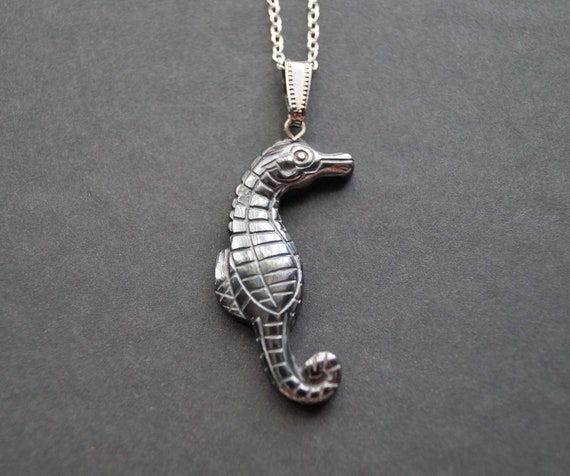 Seahorse Necklace, Hematite Pendant, Seahorse Pendant, Hand Carved Ocean Jewelry