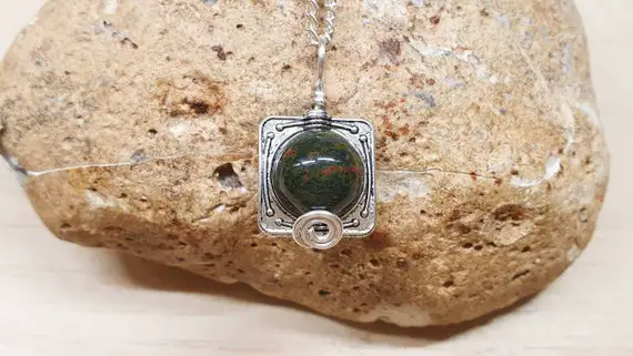 Small Bloodstone Pendant. March Birthstone. Reiki Jewelry Uk. Silver Plated Square Frame Necklace. 10mm Stone