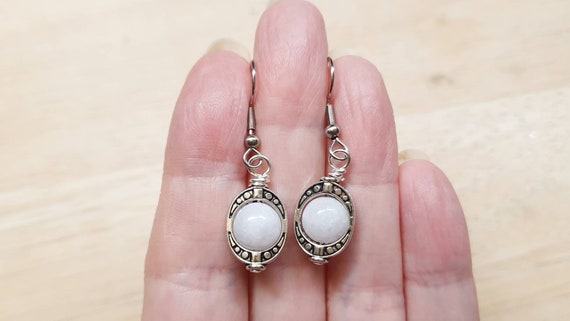 Small Rare Celestite Earrings. Crystal Reiki Jewelry Uk. Silver Plated Oval Frame Dangle Drop Earrings. 8mm Stones