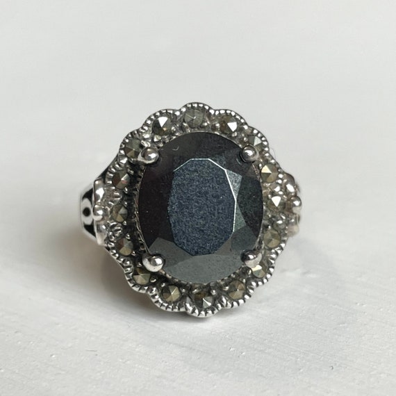 Sterling Hematite Ring With Ornate Marcasite Size 6