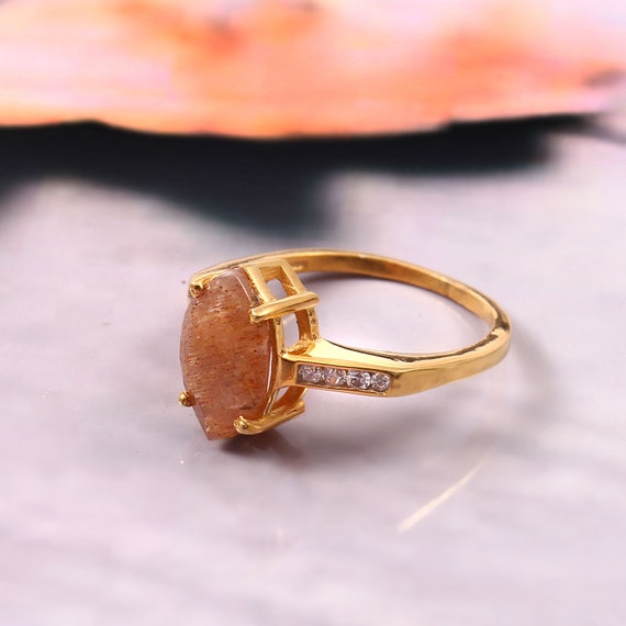 Sterling Silver Natural Sunstone Ring Vintage Birthday Ring Anniversary Ring Promise Ring Gift For Her Beautiful Gold Platted Ring