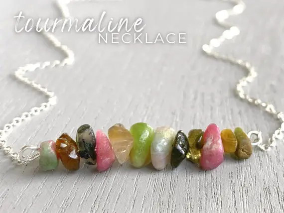 Tourmaline Crystal Necklace, Watermelon Tourmaline Necklace, Empath Protection Necklace, Gift For Her, Rainbow Crystal Gemstone Bar Necklace
