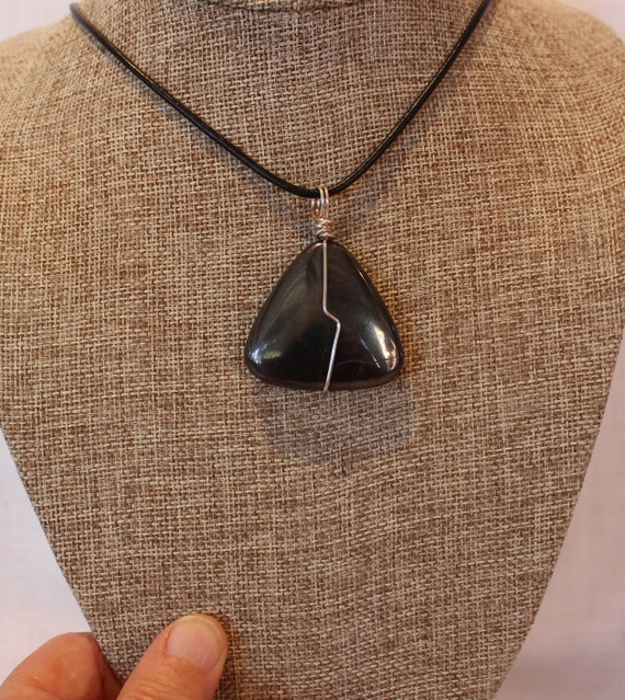 Triangle Hematite Pendant With Silver Bale On Leather/hematite Pendant/black Triangle Pendant/ Hematite On Leather/