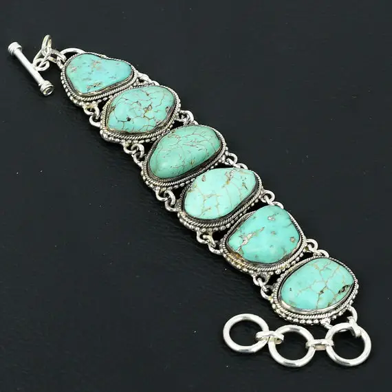 Turquoise Bracelet Silver Handmade Bracelet Tibetan Turquoise Bracelet Turquoise Raw Stone Bracelet Rough Stone Bracelet