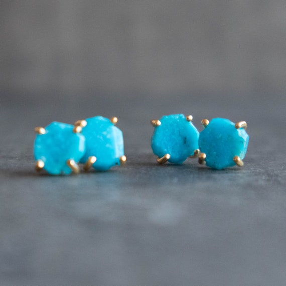 Turquoise Raw Stone Earrings, Crystal Earrings Studs, December Birthstone Gifts For Her, Turquoise Jewellery For Women