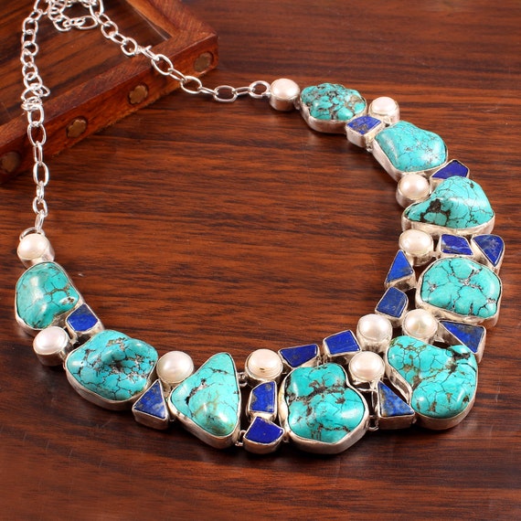 Turquoise Raw Unusual Shape Pearl Lapis Gemstone 925 Silver Plate Necklace Jewelry, Unique Handcrafted Jewelry