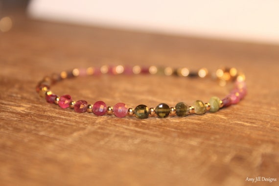 Watermelon Tourmaline Bracelet, Gold Filled Beads, Watermelon Tourmaline Coins, Shaded, Ombre, October Birthstone