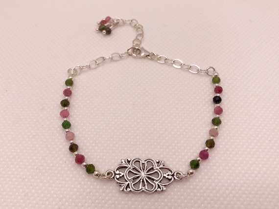 Watermelon Tourmaline Bracelet-october Birthstone Bracelet-flower Bracelet-sterling Silver Bracelet- Valentine’s Day Gift Bracelet