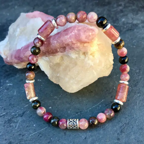 Watermelon Tourmaline Bracelet With Silver, Stretch Beaded, Multi-colored Natural Stone Gemstone Crystal, Pink